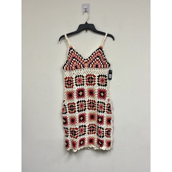 $199 Lucky Brand Granny Square Crochet Dress Knit Colorful/Cream Medium - Picture 2 of 16